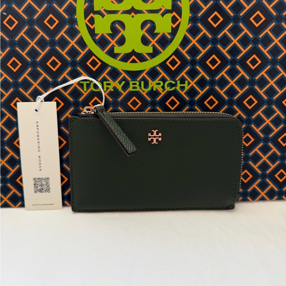 Tory Burch Blake Zip Card Case Basil Gold Green